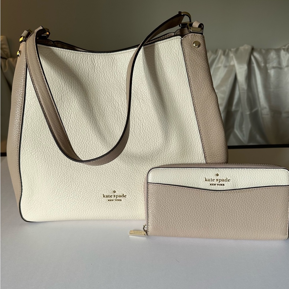 Kate Spade Leila Cream and Tan Shoulder Bag Set with matching wallet